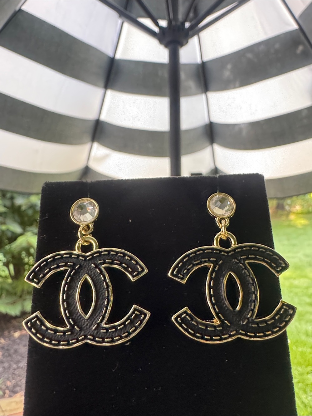 Earrings Black and Gold Double Drop Earrings with Crystal Studs